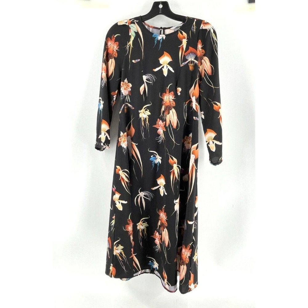 H M Women's 3/4 Sleeve Black Floral Print Slit Back Dress Size 8